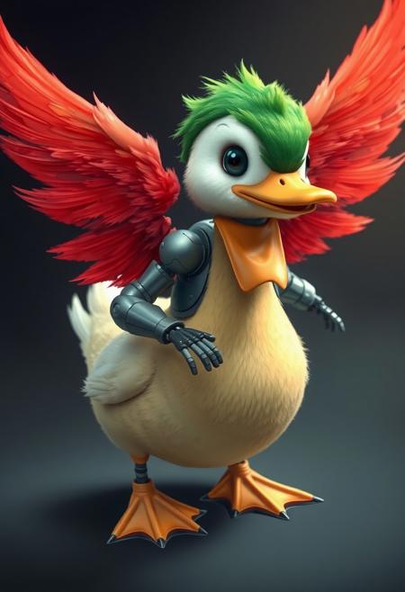Duck cyborg, red feather wings,DuckiferXL, ais-rbts, green head, happy, cute, hall0w33n