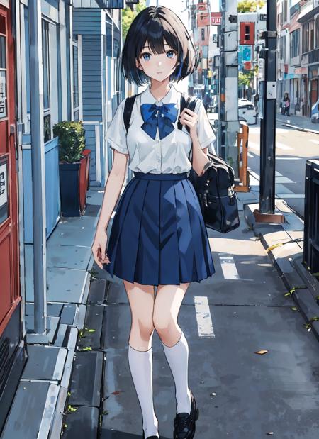 jk, 1girl, solo, short hair, looking at viewer, breasts, black hair, closed mouth, white shirt,  blue skirt, upper body, blue bow,street, full body, school bag, 
<lora:jk_v3:0.6>