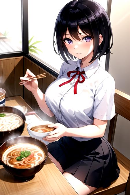 <lora:ShionSuminoe-04:0.7> , shionsuminoe, looking at viewer, short hair, purple eyes, skirt, shirt, black hair, ribbon, holding, hair between eyes, large breasts, sitting, school uniform, white shirt, short sleeves, food, collared shirt, indoors, cup, neck ribbon, chair, eating, table, steam, bowl, chopsticks, egg, holding chopsticks, noodles, ramen, restaurant