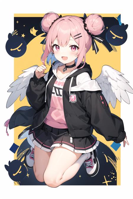 masterpiece, best quality, 1girl, solo, looking_at_viewer, smile, open_mouth, skirt, simple_background, shirt, hair_ornament, pink_hair, jacket, pink_hair, :d, multicolored_hair, pleated_skirt, wings, choker, hairclip, hood, pink_eyes, hair_bun, chibi, black_shirt, double_bun, black_choker, blush_stickers, white_skirt, yellow_background, feathered_wings, angel_wings, white_wings, tachi-e, full body, white background, <lora:tachi-e:1>