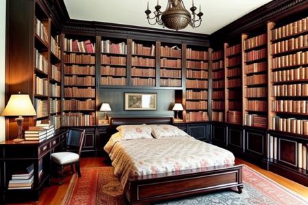 a fantasy bedroom that is also the owner's personal library with books everywhere