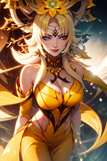 (yellow phantylia),
(masterpiece, best quality, ultra-detailed), (beautiful detailed face, beautiful detailed eyes, volumetric lighting),
1girl, solo, cowboy shot, 
evil smile, hand on own cheek, 
blonde hair, very long hair, blue eyes, yellow dress, 
(beautiful detailed background:1.2), (light particles, lens flare, chromatic aberration:1.3),