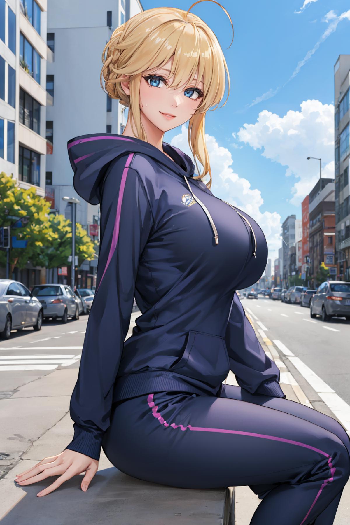 Anime-style cartoon character with big breasts, wearing a blue hoodie and pants, standing on street with cars in background.
