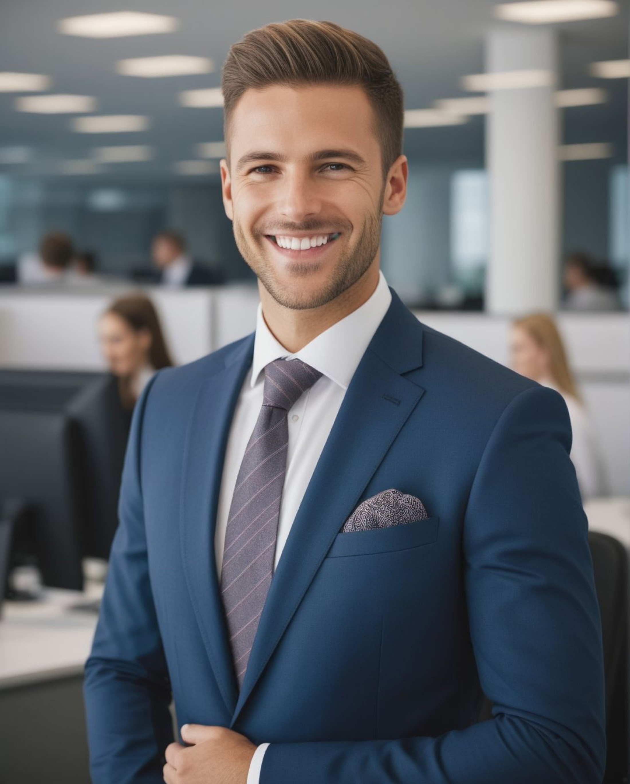 Photo of a corporate employee, office in the background, smiling, wearing a suit, highly detailed, DSLR