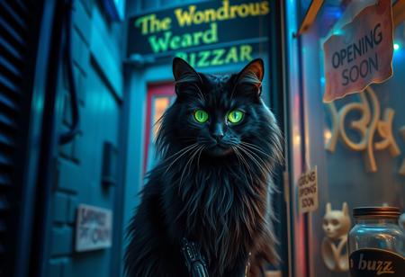 Highly detailed, 4k. A mystical long haired black cat with glowing neon green eyes with and ethereal glow that has cybernetic prosthetic limbs . Located in a back ally with lights in rich blues, teals, and purples, suggesting a mysterious environment creating a dreamlike, ethereal atmosphere. Off in the distance the cat sits in a shop window that has sign above the shops door that reads " The Wondrous Bizzar" On the door hangs a sign that reads " Opening Soon". The cat’s bright, piercing eyes draw attention to the shop that's off in the distance. Beside  the bottom of the shop door is a clear jar that has "buzz" written on it. The Shop seems to be filled with strange prosthetic parts that appear to be otherworldly.
