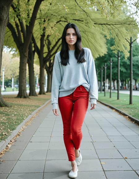 RAW full body analogue photo of a beautiful 25 years old woman, clear focus, high resolution image, Ms KMXD, black hair, <lora:MS_KMXD_SDXL_V1:1.0> dark hair Caucasian, Arab? ,wearing red jeans, grey sweater, red flats, ,,high quality, film grain, Fujifilm XT3, 8k uhd, dslr, film grain, kodak tri-x 400 film, grain photo DOF, faint lighting, dynamic angle, cinematic, Depth of field, bokeh, best quality, cinematic, light particles, highly_detailed, very_aesthetic, golden hour, beautiful_and_aesthetic ,Sexy pose, erotic pose, exhibitionism, ,A bustling city park with jogging paths and playgrounds