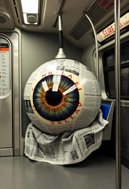 photo of a giant eyeball with newspaper print on its surface sitting on subway train