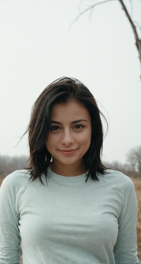cinematic film still,, straight black hair, 19 years old Polish girl, brown eyes, smile, bending forward towards viewer, fine art editorial photography, tight:1.2 long sleeve sporty top, perfect eyes, cold dawn