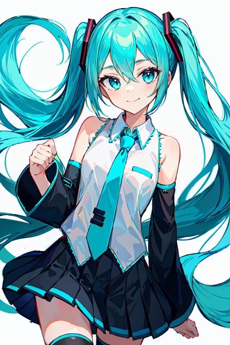 masterpiece, intricate detail,best quality,  <lora:yike:0.8>solo, 1girl, necktie, hatsune miku, twintails, thighhighs, skirt, long hair, detached sleeves, shirt, white background, black skirt, looking at viewer, sleeveless, smile, black thighhighs, white shirt, sleeveless shirt, pleated skirt, black sleeves, aqua necktie, bangs, bare shoulders, hair between eyes, collared shirt, simple background, closed mouth, aqua hair, aqua eyes, very long hair, floating hair