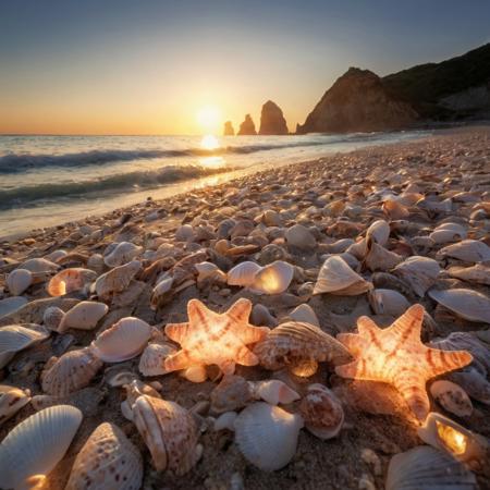 Beach with sunset, phosphorescent rocks powered by light or solar energy, seashells, high definition