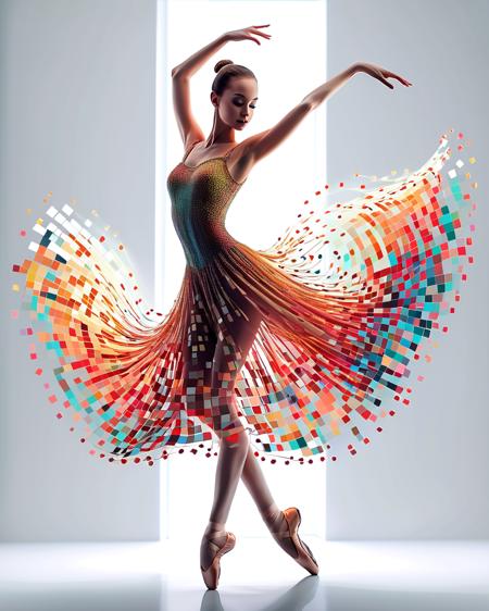 <lora:artfullyXLDANCE_SDXL_V-000004:1.1>,illustration,A digital art piece depicts an elegant ballerina,A digital illustration of an elegant ballerina in motion,and intricate design in the style of pixel art.,blending elements of both worlds seamlessly in the style of technology and dance.,captured with dynamic lighting that casts soft shadows on the white background. The dancer's flowing dress is made up of intricately arranged pixels,composed entirely from pixelated squares and particles,creating the illusion that she is made up of colorful pixels. The background features soft gradients to enhance her silhouette against a light color palette. She wears a flowing dress with intricate patterns on each square,giving depth and texture to the overall composition. Her pose conveys grace and fluidity as if dancing amidst a sea of colors in the style of pixel art.,her form composed entirely from pixelated dots and swirls in vibrant colors,creating depth and texture. Her pose exudes grace as she gracefully twirls amidst a blur of colorful mosaic shapes. This artwork symbolizes beauty through technology and dance,her form rendered in a mosaic effect with colorful pixelated squares that blend seamlessly into the background. She is wearing a flowing dress made from these pixels and is gracefully dancing on a stage adorned with complex data visualization graphics in the style of. The overall composition exudes grace and elegance while capturing attention through its unique visual elements.,A digital painting of an elegant ballerina,A digital art piece of an elegant ballerina,