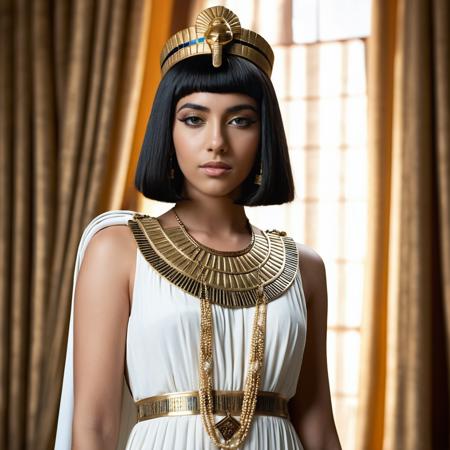 (RAW photo:1.4), (Realistic:1.3), (Highest Quality:1.4), <lora:Cleopatra:0.7>1girl, cleopatra, Greek features, pharaoh,  cleopatras crown, blurry_foreground, depth_of_field, dress, solo, black_hair, jewelry, dress, necklace, curtains <lora:egyptian_bob_hairstyle:0.6> egyptian_bob_hairstyle, <lora:add-detail-xl:1>,  <lora:Building_Egyptian:1>, building_egyptian background