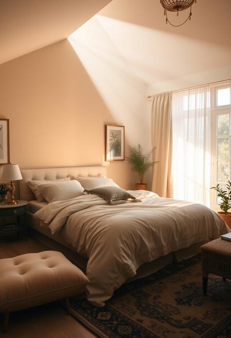A cozy bedroom featuring a large bed as the focal point, with soft, inviting bedding and plush pillows. The room is bathed in gentle, warm morning light streaming through a large window, casting a soft glow over the entire space. The light creates delicate shadows on the floor and highlights the textures of the fabrics and furniture. The interior is tastefully decorated with subtle, elegant details such as a bedside table with a lamp, a rug with intricate patterns, and a few potted plants adding a touch of greenery. The overall atmosphere is serene and welcoming, with the morning light enhancing the room's peaceful ambiance.