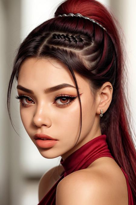 photo of <lora:sd15_ShaelahMcGilton_v1-000018:.9> ShaelahMcGilton lipstick invisible makeup wing eyeliner, focus on eyes, close up on face, pouting, wearing jewelry, hair styled teased ponytail,