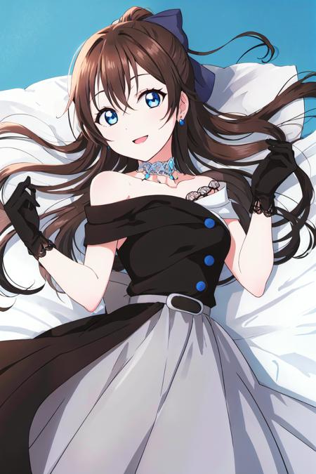 (best quality, masterpiece:1.2), 1girl, solo, cute, smile, detailed background, (looking at viewer, solo focus:1.2), light on face, sky, blue sky, sunlight, lens flare, depth of field, scenery, glow eyes, open mouth, lying, cowboy shot,
<lora:A_SORA_Dress:1>, sora dress, osaka shizuku, ousaka shizuku, dress, off-shoulder dress,  two-tone dress, bow, blue eyes, gloves, brown hair, long hair, evening gown, off shoulder, hair bow, black dress, jewelry, white dress, lace gloves, belt, sidelocks, bangs, necklace, black gloves, hair between eyes,  collarbone, black belt, black bow, bare shoulders, multicolored clothes, half updo, ponytail, buttons, looking at viewer, sleeveless dress, lace, sleeveless, grey dress, closed mouth, (sunny, sunlight:1.2),