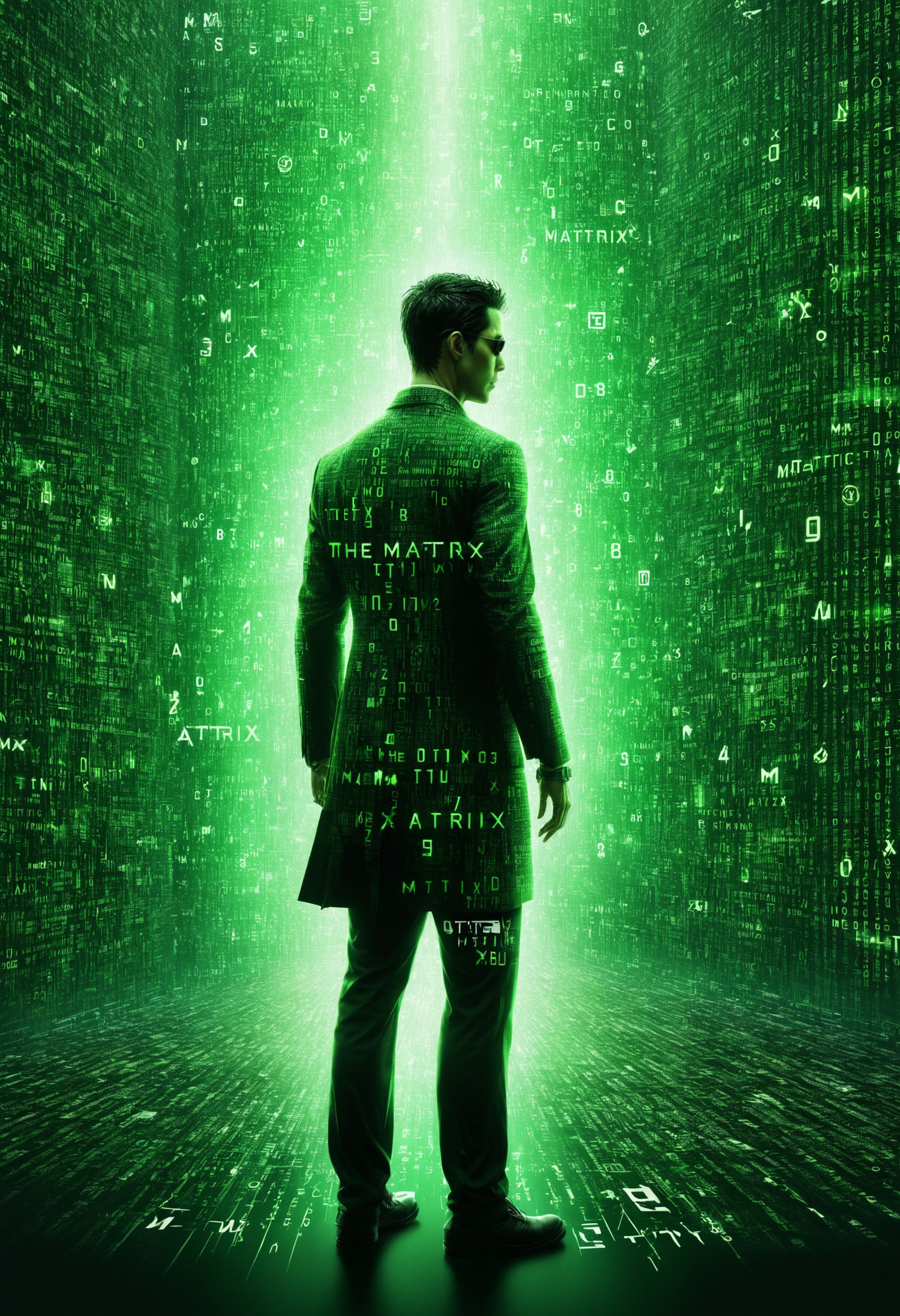 the silhouette of a person, double exposure, green matrix glyphs flying past, digital art, amazing quality, very detailed,...