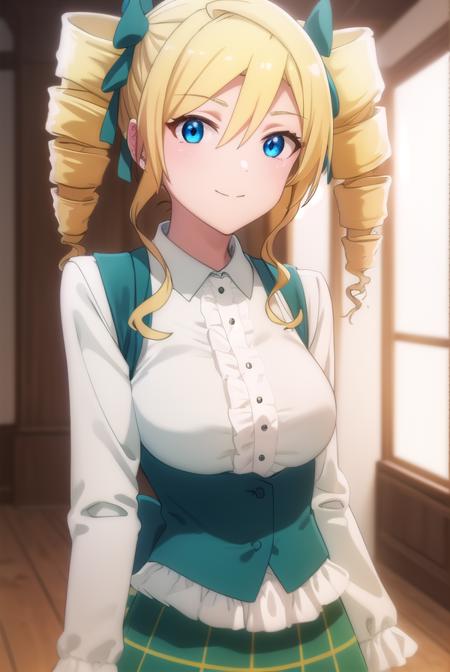 ellismaclaine, <lora:ellis maclaine s2-lora-nochekaiser:1>,
ellis maclaine, long hair, blue eyes, blonde hair, bow, twintails, hair bow, drill hair, twin drills, smile,
BREAK skirt, shirt, long sleeves, white shirt, pantyhose, frills, green skirt, underbust,
BREAK indoors, classroom,
BREAK looking at viewer,
BREAK <lyco:GoodHands-beta2:1>, (masterpiece:1.2), best quality, high resolution, unity 8k wallpaper, (illustration:0.8), (beautiful detailed eyes:1.6), extremely detailed face, perfect lighting, extremely detailed CG, (perfect hands, perfect anatomy),