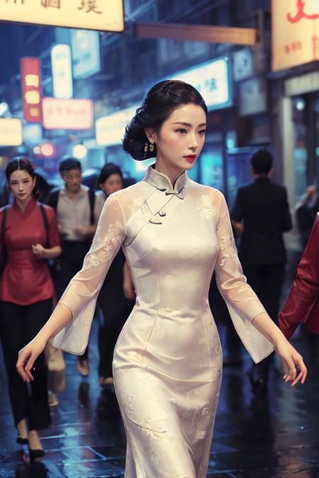 <lora:WongKarWai:1.2> , a woman walking on hongkong street, rainy night, WongKarWai sytle, qipao dress, cinematic lighting, ultra realistic, elegant, best quality,((intricate)), ((highly detailed)), depth of field, ((professionally color graded)), HD, 8k, RAW photo,Canon DSLR,50mm,f/4