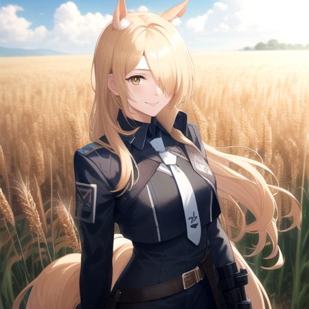 ((masterpiece)),(best quality),official art,extremely detailed CG,unity 8k wallpaper,ultra detailed,wheat field,1girl,solo,upper body,mlynar (arknights),medium breasts,long hair,animal ear fluff,animal ears,belt,black jacket,black pants,blonde hair,blue shirt,emblem,gauntlets,hair over one eye,horse girl,horse ears,light smile,white necktie,yellow eyes,<lora:Mlynar(ark)>,