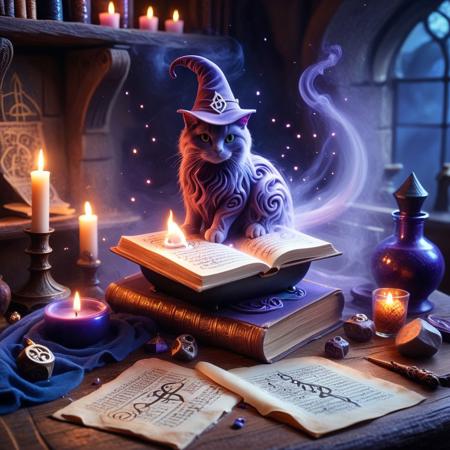 (GrubCat),  (sandswirl), (close-up shot), (cat sitting on a cluttered wizard’s desk), (wearing a slightly oversized wizard hat), (mystical artifacts scattered around), (glowing runes on parchment), (open spellbook with arcane symbols), (floating candles casting eerie light), (bubbling potion in glass flask), (faint magical aura in the air), (mystical blue and purple lighting), (dusty, ancient tomes stacked nearby), (soft shadows and warm candle glow), (smoke swirling from a tiny cauldron), (enchanted atmosphere), (whimsical, magical setting).