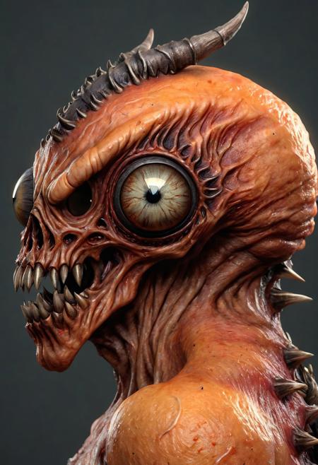 hyper-realistic, BACK SPINE view, HDR, detailed, dark fantasy style, The monster Beholder Demon, NO-EYE, orange-red-colored slimish skin, inticate detailes, simple gray background