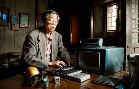 satoshi Realistic photo of  a old man named satoshi with glasses  and an old broken computer in a house in rural China, holding his bitcoin <lora:satoshiv0.2:0.95>