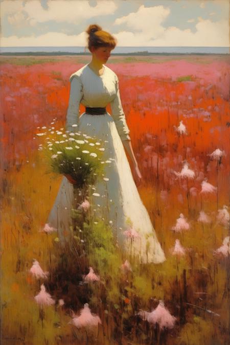 <lora:William Langson Lathrop Style:1>William Langson Lathrop Style - 101548.William Langson Lathrop.A woman walking through wildflowers in the Flanders Moss National Nature Reserve is the focus of this attractive painting. The composition showcases her peaceful wanderings through a flourishing peatland habitat, where sundews, cotton grass, and bog rosemary thrive in a delicate harmony of reds, whites, and soft blues. The scene is enveloped by the unique, expansive landscape of the moss, with the distant hills rising softly along the horizon. A gentle breeze rustles the wildflowers and the woman's flowing dress, capturing the timeless draw of Scotland's wild and untamed peatlands.