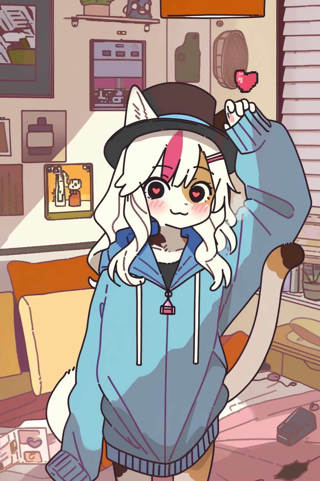 score_9, score_8_up, <lora:doremifaso64_style_v1:1>, doremifaso64, 1girl, solo, long hair, looking at viewer, blush, smile, long sleeves, hat, animal ears, jacket, tail, white hair, pink hair, multicolored hair, heart, virtual youtuber, indoors, hand up, hood, cat ears, pink eyes, english text, streaked hair, symbol-shaped pupils, black headwear, hoodie, :3, heart-shaped pupils, blue jacket, furry, top hat, furry female, ears through headwear, blue hoodie