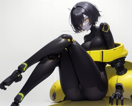 <lora:ub1imo:0.8>
1girl, android, sitting, legs crossed,  robot joints, mechanical arms, mechanical legs, short black hair, curly hair, glowing yellow eyes