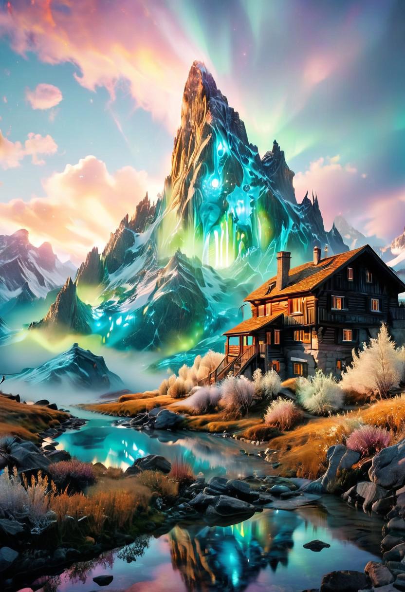 (by Ellen Jewett:1.5), ((Bioluminescent Impressionism: 1.8), The Dreamland), their peaks veiled in mist. mixed media, surrealism, great lighting, A surreal landscape highly detailed . extremely high-resolution details,  appears trapped in an optical illusion of reflections and refractions colorful , mountain cabin, ice and snow, professional photography, natural lighting, volumetric lighting maximalist. intricately detailed, complex, elegant, expansive, fantastical, film photography style,  medium grain,  <lora:MJ52:0.3>  <lora:SDXLFaeTastic2400:0.4>  <lora:EpicF4nta5yXL:0.7>.ethereal landscapes, depth of field, biotech emotion:1.3) <lora:xl_more_art-full_v1:0.5> <lora:add-detail-xl:1> <lora:RMSDXL_Creative:2>