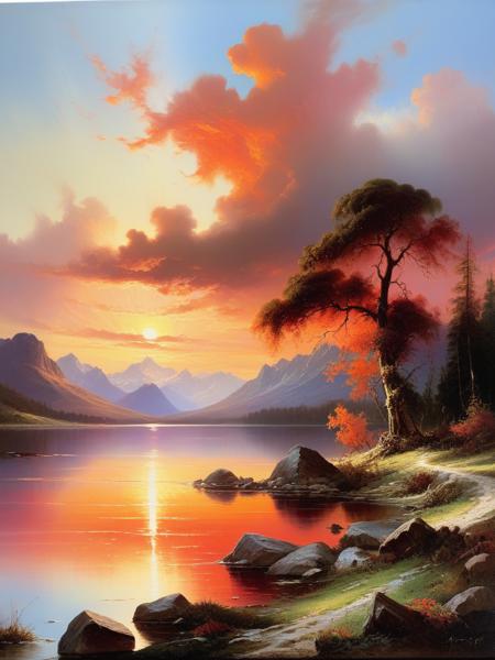 <lora:10NaturalismPainting_Hap_XL:1.5>,  Thomas Moran style, oil painting,  This artwork features a vibrant sunset over a peaceful lake. The sky is ablaze with intense shades of orange and red, reflecting off the water and creating a warm, glowing ambiance. Silhouettes of trees and mountains provide a dramatic contrast against the fiery sky. In the foreground, a couple of animals stand in the shallow water, adding a sense of life to the tranquil scene. The painting captures the fleeting beauty of sunset and the calmness of nature at dusk.