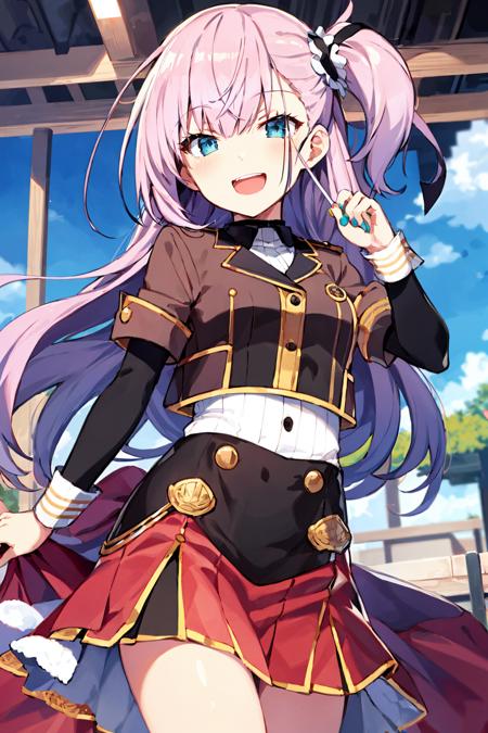 (masterpiece_1.3), (best quality_1.2),tsubakuroyume,tsubakuro yume,1girl,solo,long hair,pink hair,blue eyes,smile,looking at viewer,bangs,one side up,open mouth,hair ornament,skirt,green nail polish,jacket,ribbon,<lyco:GoodHands-beta2:0.5>     <lora:30_tsubakuroyume:0.8>Gels or filters