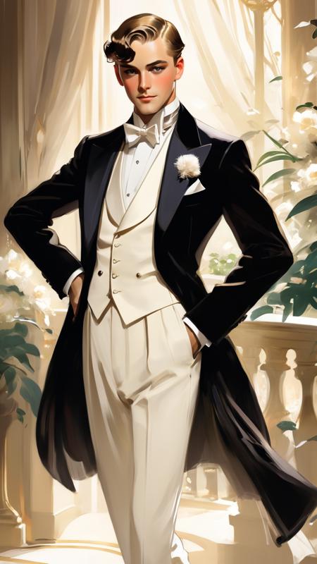 Craft an 8K resolution anime illustration, deeply inspired by the artistic elegance of John Singer Sargent. The subject is a man, styled in a manner evocative of the iconic Gatsby. This illustration should blend the nuanced brushwork and rich color palette characteristic of Sargent's style with the distinct, expressive features and vibrant aesthetics of anime art.
The man, exuding the charm and sophistication of Gatsby, should be portrayed with a subtle complexity, capturing the essence of Sargent's ability to convey character and emotion through facial expressions and posture. Pay special attention to the attire, reflecting the lavish, yet tastefully elegant fashion of the Roaring Twenties, infused with a modern anime twist.
The background should mirror the opulence and grandeur typical of a Gatsby-esque setting, perhaps a lavish party or a luxurious estate, rendered with Sargent's keen eye for detail and light. Yet, it should also incorporate the exaggerated and dynamic elements of anime, creating a unique fusion that celebrates both artistic styles.
The overall composition should be a masterclass in visual storytelling, with each element from the character's expression to the surroundings contributing to a narrative that's rich in detail and steeped in an ambiance that is both nostalgically classic and refreshingly contemporary.