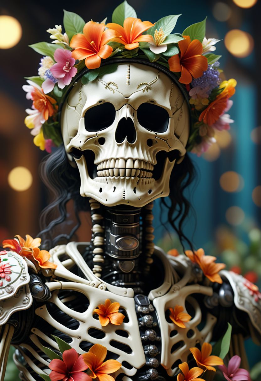 ASCII Masterpiece, (cosy), (ultra high res, mj,best quality,highly detailed:1.5),(cinematic),(volumetric lighting, volumetric shadows:1.5),Amazing, (8k details),(photorealistic:1.4), (warm lighting,ray tracing,dynamic lighting:1.5
a skeleton wearing a skirt and a Hawaiian crown of flowers around his neck, laughing heartily, mouth open, This should be a ((masterpiece)) with a ((best_quality)) in ultra-high resolution, both ((4K)) and ((8K)), incorporating ((HDR)) for vividness. It uses a ((Kodak Portra 400)) lens for timeless, professional quality. Emphasizes a ((blurred background)) with a touch of ((bokeh)) and ((lens flare)) for an artistic effect. Enhance ((vibrant colors)) for a vivid look. Make sure the photograph is ((ultra-detailed)) and shows ((absurd)) details. Pay special attention to capturing the ((beautiful face or head)) of the subject. The goal is to create a ((professional photograph)) that is visually stunning and technically excellent.