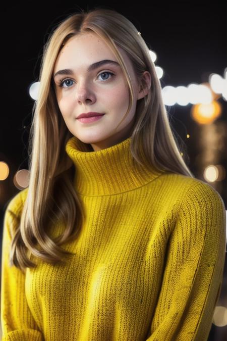 a naturally beautiful woman, in a yellow turtleneck sweater, perfect winter night, [candid:0.5, amateur:0.5], 8K, RAW, UHD, perfect face, stunning clear eyes, [perfect smile], (((close up))) <lora:ellieFanning:1>