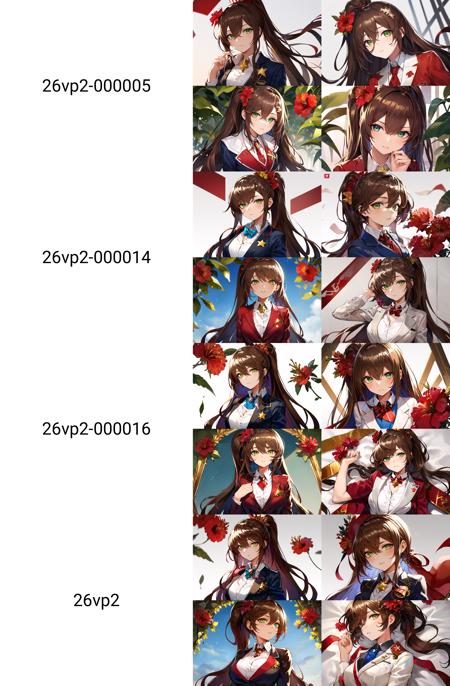 <lora:26vp2-000005:0.8>, <lora:GoodHands-beta2:0.8>, (canking), masterpiece, best quality, (1girl), solo, green eyes, brown hair, long hair, ponytail, hair between eyes, sidelocks, (one red hibiscus as hair ornament, one red hibiscus on the right side of the head), (mark of red crescent, yellow star, blue diamond respectively below right  eye's lower eyelid), top hat, blazer, collar, long tie, close-up, upper body,