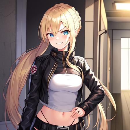 {1girl}, determined, biker jacket, casual pants, masterpiece, smirking, perfect detailed on hands, illustration, beautiful-detailed eyes,  ultra detailed, {long hair}, {katana}, hallway, small breasts, blonde hair with highlights, futuristic city, industrial, monitors, open area, from front, eye focus, determined, determined look, braided ponytail