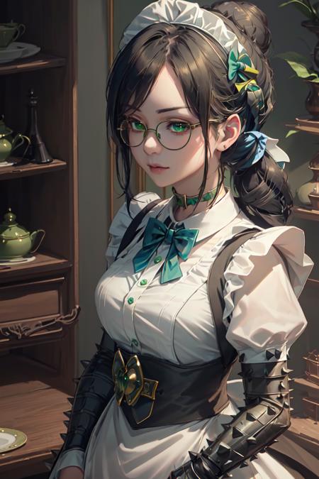 highres, sharp focus, pixiv masterpiece, ((intricate details)), highly detailed, upper body, standing, yuri alpha, 1girl, black hair, (blue bowtie:1.3), (green wristband, green gauntlets, spikes:1.1), glasses, green eyes, maid, single hair bun, dress, choker, maid apron, outdoors <lora:Yuri Alpha v1_1:0.7>