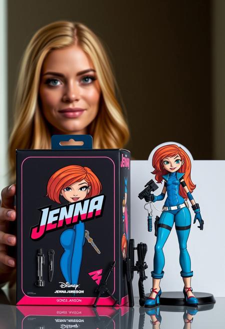 A photorealistic image of Jenna Jameson, lifelike appearance. Beside her, a cartoon-style illustration of het adorns a product packaging, vivid and colorful. The packaging is sleek, with the name 'Jenna' prominently displayed in bold, eye-catching fonts. Next to the packaging, there's a detailed action figure of her, complete with miniature tools and gadgets, capturing his essence as a resourceful hero. The overall composition is balanced, showcasing both the realistic and animated representations of the iconic character.<lora:gonza_v2:0.75>