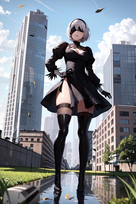 yorha no. 2 type b, 1girl, absurdres, black blindfold, black dress, black hairband, blindfold, blue sky, boots, building, city, cloud, covered eyes, debris, dress, feather-trimmed sleeves, feather trim, from below, gloves, grass, hairband, high heel boots, high heels, highres, juliet sleeves, katana, leather, leather boots, long sleeves, nier \(series\), nier automata, outdoors, overgrown, pod \(nier automata\), post-apocalypse, puddle, puffy sleeves, rubble, ruins, scenery, sky, thigh boots, thighhighs, thighhighs under boots, water

<lora:yorha_noDOT_2_type_b:0.5>