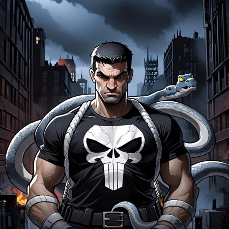 Marvel comics the punisher, gargoyles_comic, frank Castle, man with black T-shirt and white snake emblem on chest, dark Moody city background , evang