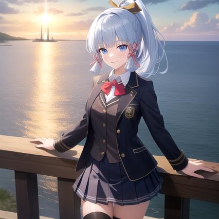 ((masterpiece)),(best quality),official art,extremely detailed CG,unity 8k wallpaper,ultra detailed,A lighthouse on a cliff by the sea,1girl,solo,cowboy shot,looking at viewer,high_ponytail,long_hair,blunt_bangs,blue_eyes,white_shirt,black_jacket,red_tie,hair_ornament,hair_ribbon,light_blue_hair,smile,sidelocks,medium breasts,pleated_skirt,long_sleeves,school uniform,blue_skirt,loafers,white_thighhighs,mole_under_eye,<lora:Kamisato Ayaka(gen)>,