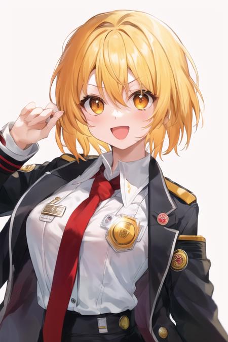 don quixote \(limbus company\), 1girl, solo, upper body, blonde hair, short hair, hair between eyes, orange eyes, collared shirt, white shirt, red necktie, black pants, open coat, black coat, badge, button badge, lapel pin, happy, looking at viewer, :d, simple background, red background,  <lora:don-08:1>