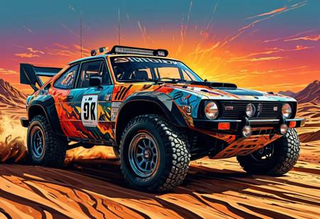 Finely detailed vector illustration, classical sports car, modified for rally raid, desert snake, symbiosis, sunset, high velocity, desert, ultra realistic quality, hyperdetailed, intricately detailed,  triadic colors,fantastical,intricate detail,splash screen,complementary colors, fantasy concept art, 8k resolution, masterpiece, oil painting, thick strokes, rich strokes, streakes, smudges
