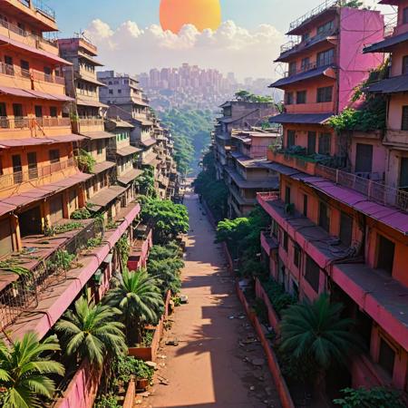 (art by Leanne Surfleet:0.8) and (Sakimichan:0.7) and (Posuka Demizu:1.3) , anime key visual, masterpiece, landscape of a Oppressive Shaky (Jaipur:1.3) from inside of a Cityscape, Natural jungle and The Sun in background, at Midday, Vivid, Light and Bright, Impressionism, Sunlight, L USM, Kodachrome, vintage, quantum wavetracing, extremely beautiful, trending on CGSociety