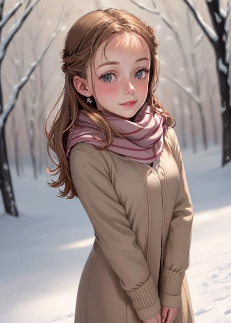 juwit1, (masterpiece, best quality), Scarves, Diva, Average Height, Firm, Heart-Shaped Face, Tan Skin,, Straight Nose, Full Lips, Round Chin, Wedding Updo, natural breasts, Clip-on earrings, light pink matte lipstick, a peaceful winter countryside with rolling, snow-covered hills