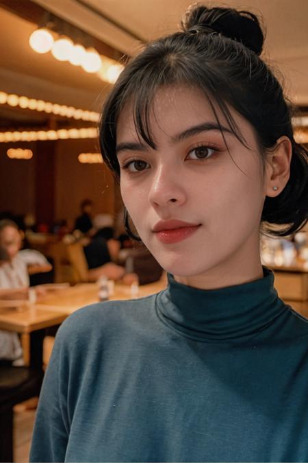 analog film photo solo, realistic, ((indonesian woman)), (((Black hair, Top Knot Curls with Bangs))), (((sleepy))), (((Modest tailored blouses))), ((waterfront restaurant, scenic views, fresh seafood, dining)), ((dynamic pose)), PA7_Human-Likeness, PA7_Photo, high detailed, PA7_Portrait-HL_v2, 8k, clear facial features, bokeh, <lora:PAseer-SD15-LCM Quick:1> <lora:ReaLora:.2> skin <lora:GStyle_-_Photography_Style:.4> gstyle  <lora:[ID]_-_Sari_Hartati:1> sarihartati . faded film, desaturated, 35mm photo, grainy, vignette, vintage, Kodachrome, Lomography, stained, highly detailed, found footage