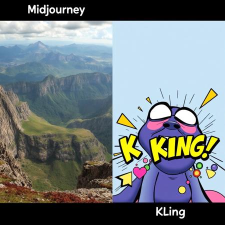 A comparison between two images: one, a detailed, breathtaking landscape with high quality, labeled 'Midjourney,' and the other, a humorous, distorted image labeled 'Kling,' featuring strange colors and shapes, comic-book style, playful and light-hearted