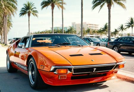 analog film photo (Sportscar gleaming orange DeTomaso Pantera, front view, palm trees, sunny seaside cityscape), (stylish, film grain, saturated:1.3) . faded film, desaturated, 35mm photo, grainy, vignette, vintage, Kodachrome, Lomography, stained, highly detailed, found footage