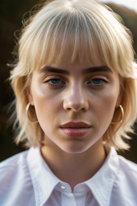 <lora:b1ll1331l1sh:0.9>, a Realistic portrait of b1ll1331l1sh woman,  1girl, solo, long hair, bangs, blue eyes, blonde hair, simple background, shirt, closed mouth, white shirt, collared shirt, lips, portrait, brown background, realistic, nose, professional Photography, Photorealistic, detailed eyes, RAW, analog, sharp focus, 8k, HD, DSLR, high quality, Fujifilm XT3, film grain, award winning, masterpiece